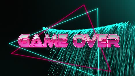 animación del juego sobre texto y triángulos de neón sobre senderos de neón