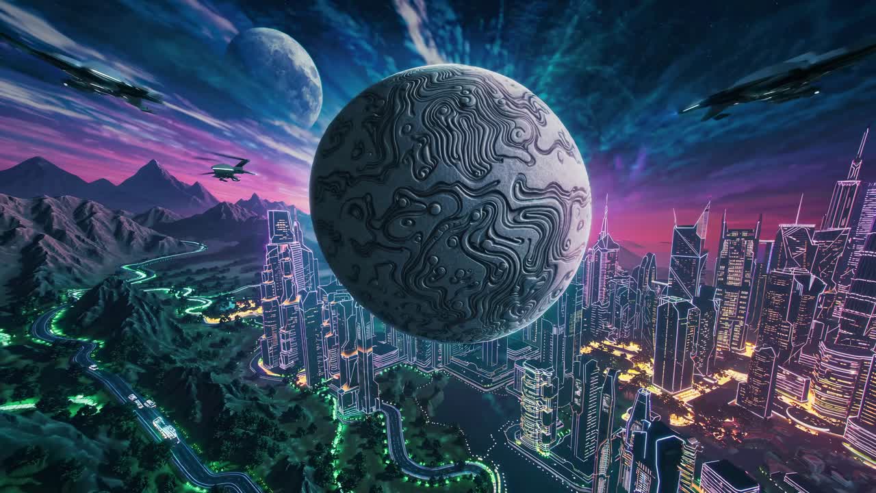 ciudad futurista con un misterioso objeto celeste