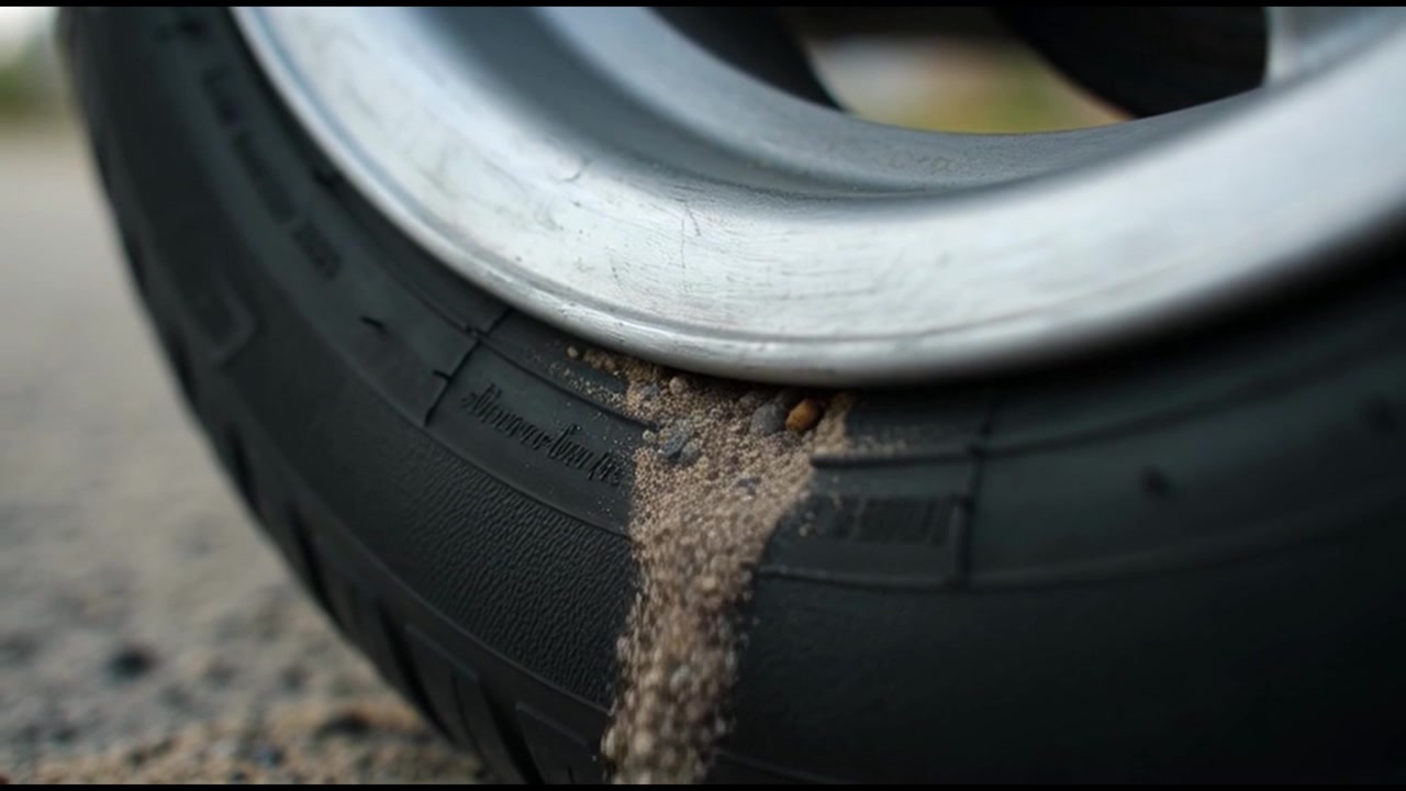 Sand Pouring Over a Car Tire and Wheel Rim