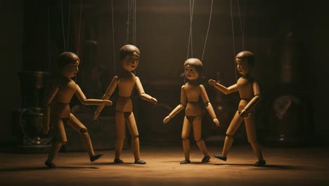 a captivating scene of four wooden puppets dancing in harmony, showcasing the art of puppetry in a dimly lit environment with strings attached