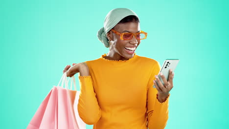 bags, retail and black woman with smartphone