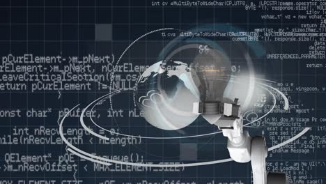 animation of robotic arm holding bulb over globe with shield, clock and programming language