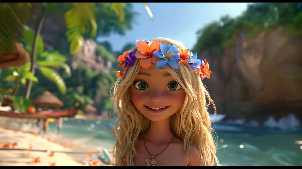 Una niña con una diadema de flores sonríe a la cámara, vacaciones de verano