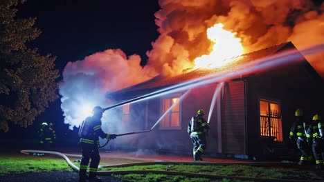 firefighters battling a house fire at night