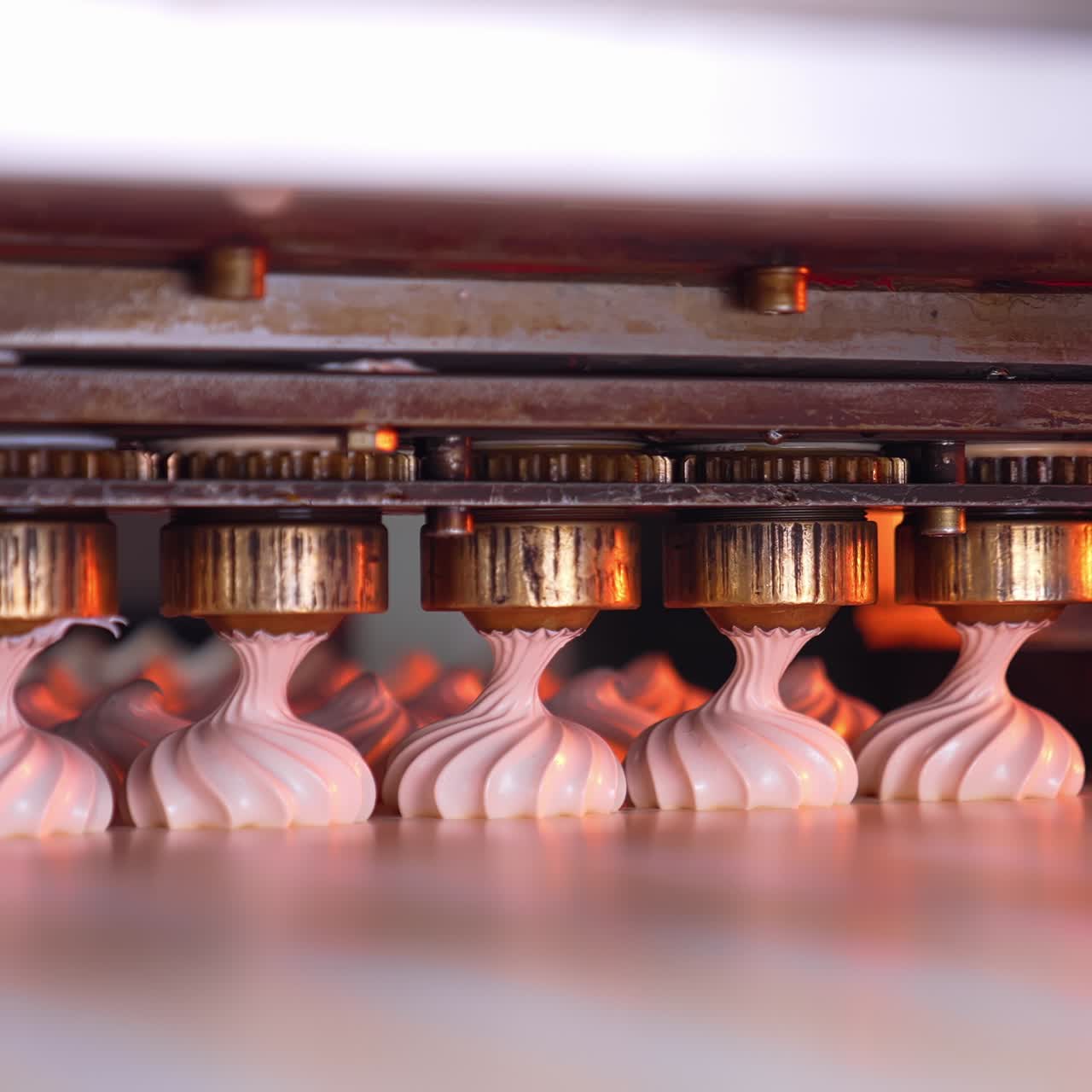 Food sweety conveyor line. Industrial tasty marshmallow conveyor