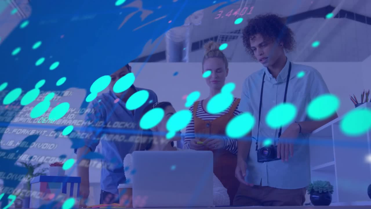 Animation of financial data processing over diverse business people in office