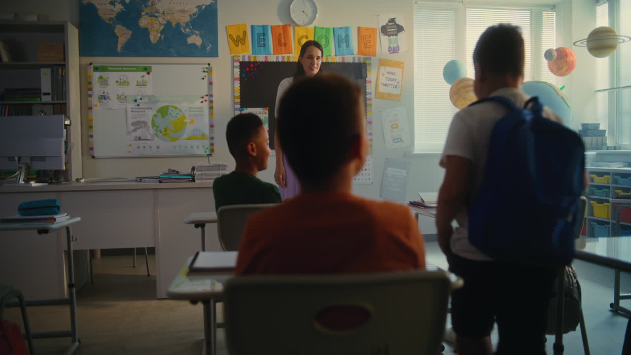 Female Teacher Introducing New Young Student Group of Diverse Kids Greeting New Classmate