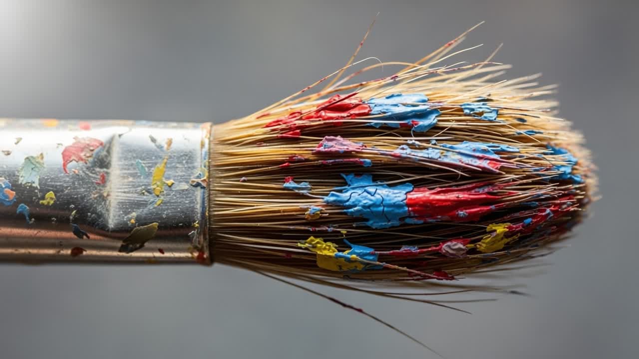 Artistic Close-Up of a Colorful Paintbrush Capturing the Essence of Creative Expression, Featuring Splashes of Blue, Red, and Yellow Paint Residues on Its Bristles
