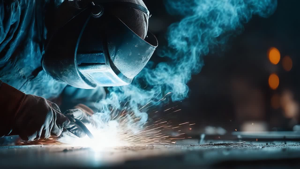 Intense Metalworking Under Dim Light: A Welder's Precision and Craftsmanship Captured in Action Amidst Sparkling Flare and Mystical Smoke