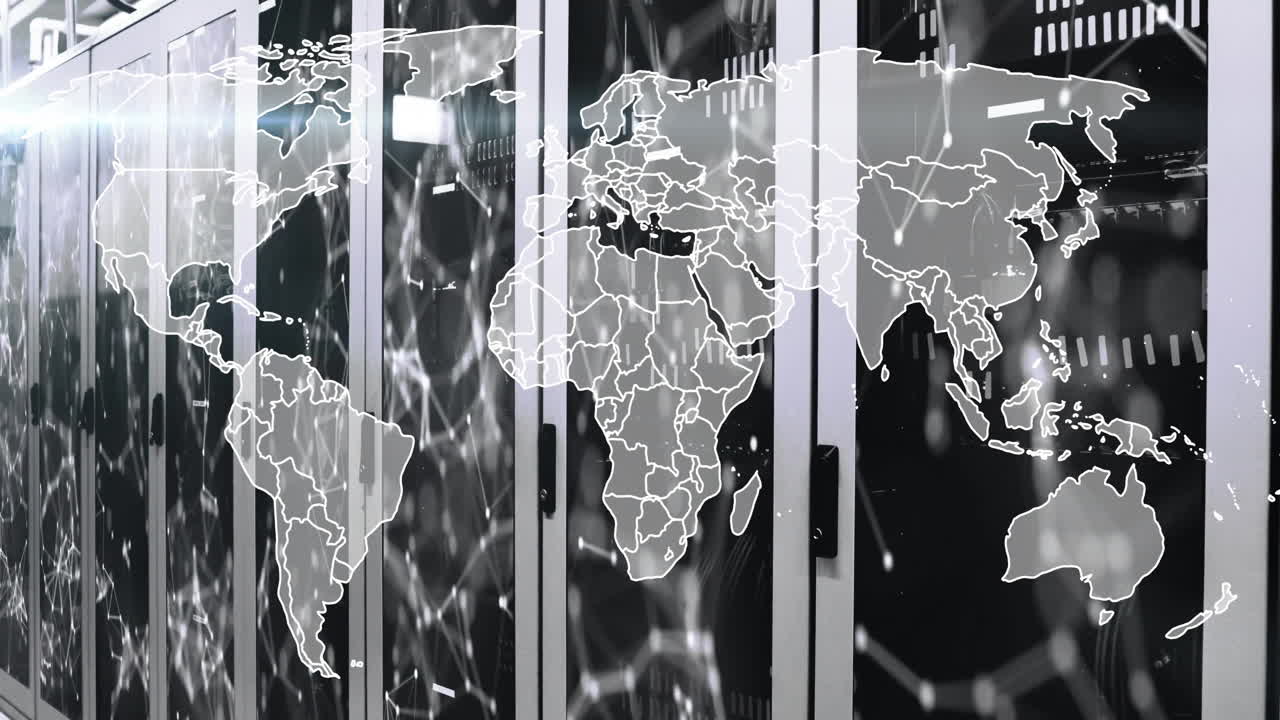 animation der datenverarbeitung und weltkarte über computerserver