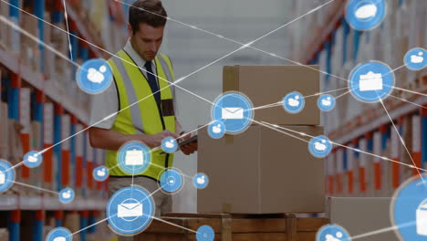 Checking boxes, warehouse worker using digital animation overlay for inventory