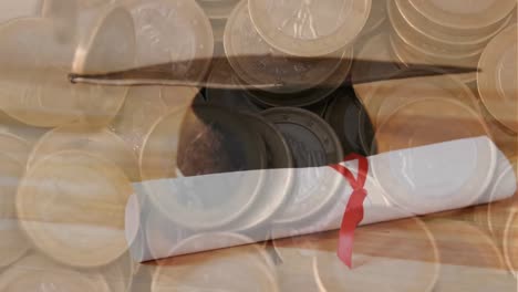 composición de cartón de mortero y diploma con moneda de euro en transparencia