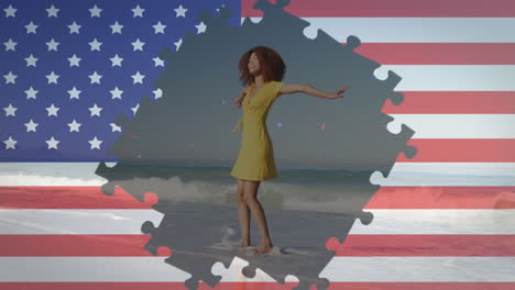 Animation-Eines-Puzzles-Mit-Amerikanischer-Flagge,-Das-Konfetti-Und-Eine-Tanzende-Frau-Am-Strand-Zeigt