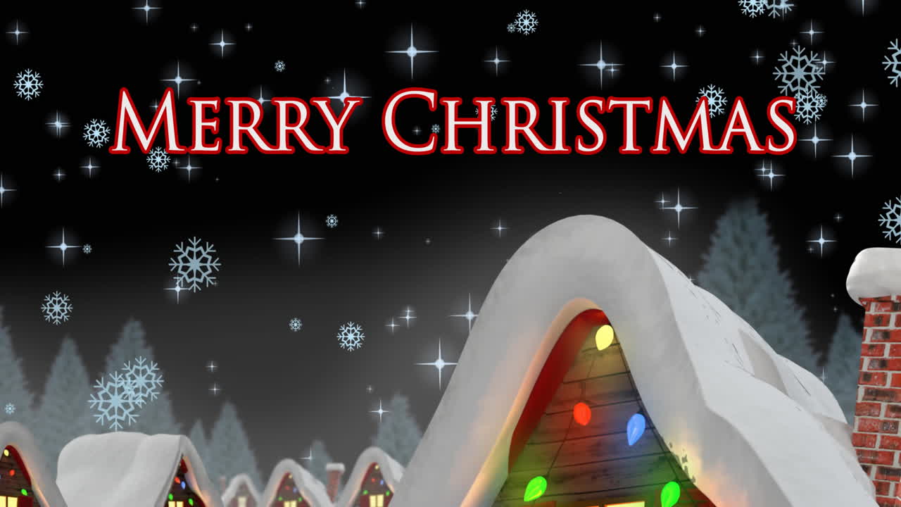 눈이 내리고 겨울 풍경 위에 메리 크리스마스 텍스트의 애니메이션