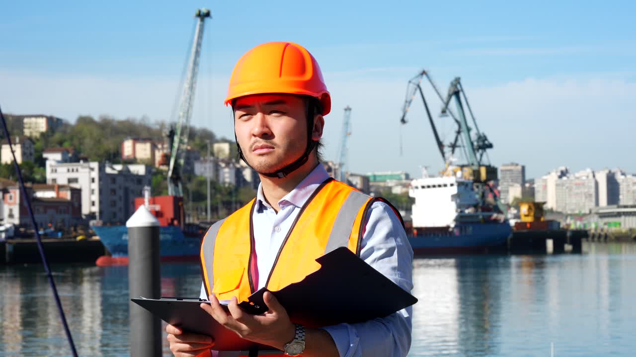 Young Asian Engineer in Hard Hat and Safety Vest Inspecting Port