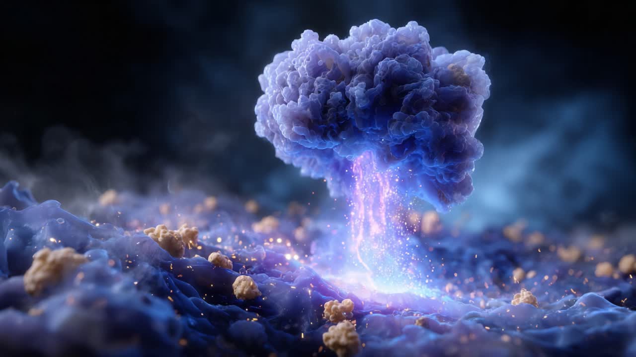 En fascinerende eksplosjon av kosmisk energi, med levende lilla skyer og strålende gnister som lyser opp det omkringliggende eteriske landskapet av rom og materie.