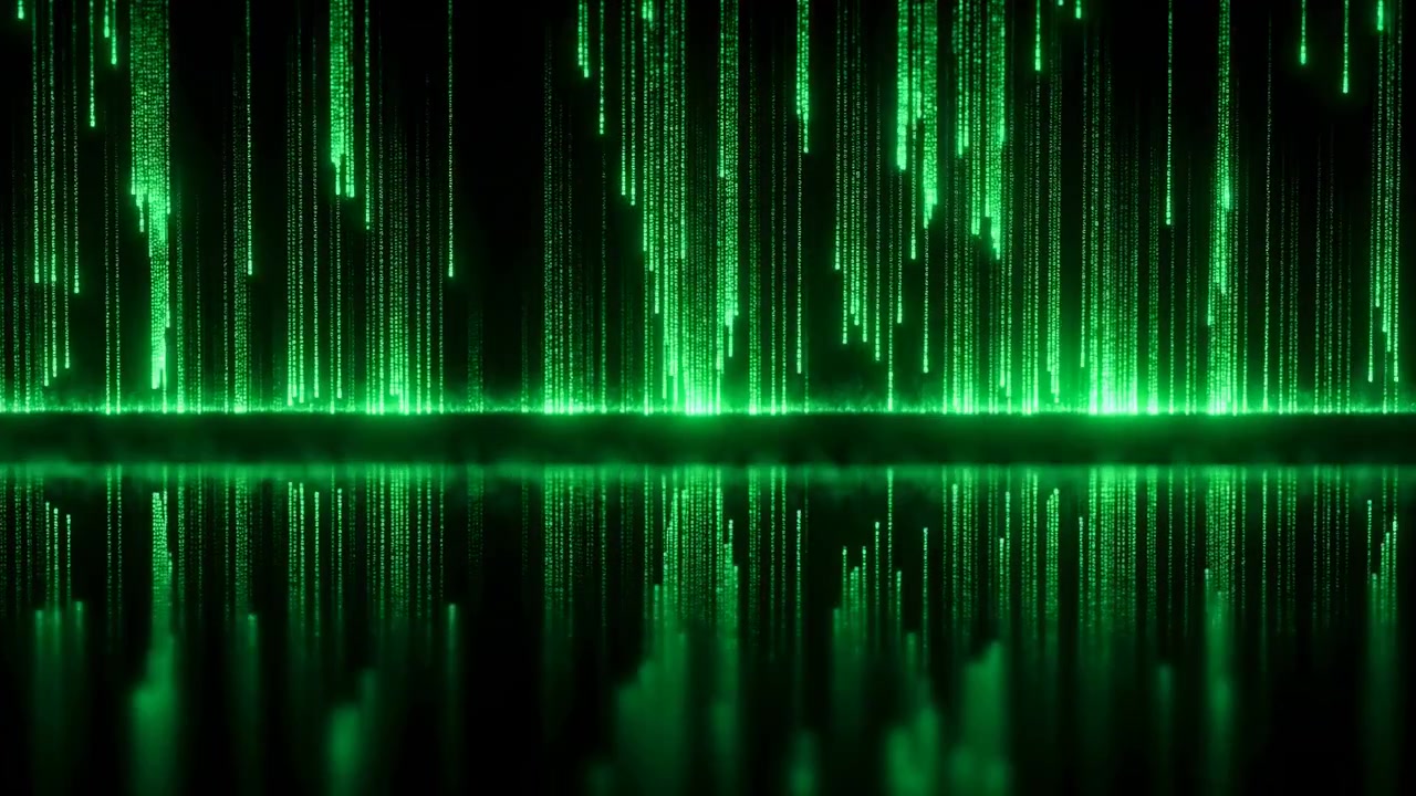 Abstract digital scene with dense neon green vertical code-like columns over dark horizon, soft mirror reflection on glossy surface, luminous contrast, layered depth, and futuristic atmospheric glow