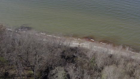 drone flying slowly towards greenish baltic sea in estonia during spring time with no leaves on trees