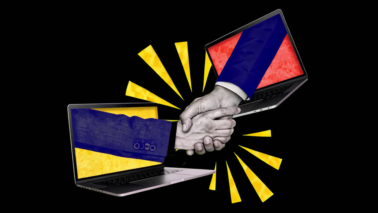 Animazione di stretta di mano digitale tra connessioni online isolata, video 4K trasparente, alpha