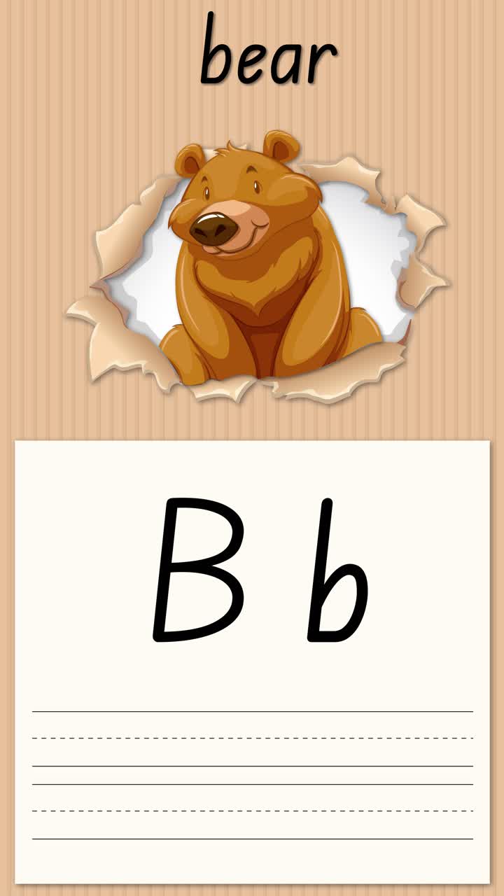 Video educativo animato che insegna la lettera B usando un orsetto dei cartoni animati e la pratica della scrittura a mano su carta.