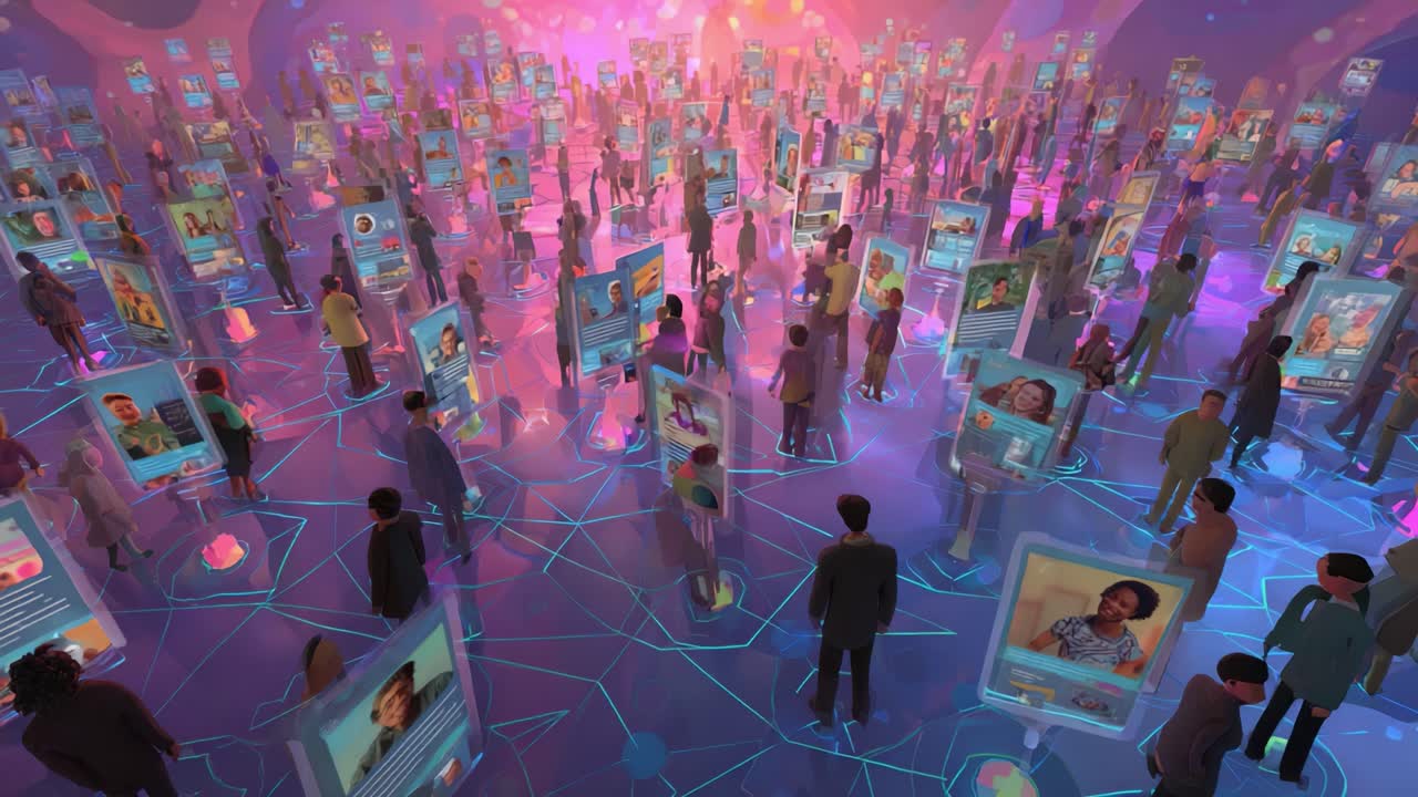 A Vibrant Digital Landscape Filled with Diverse Individuals Engaging with Virtual Displays, Spectacular Lighting Creating a Futuristic Atmosphere Exploring Connections in a Connected World
