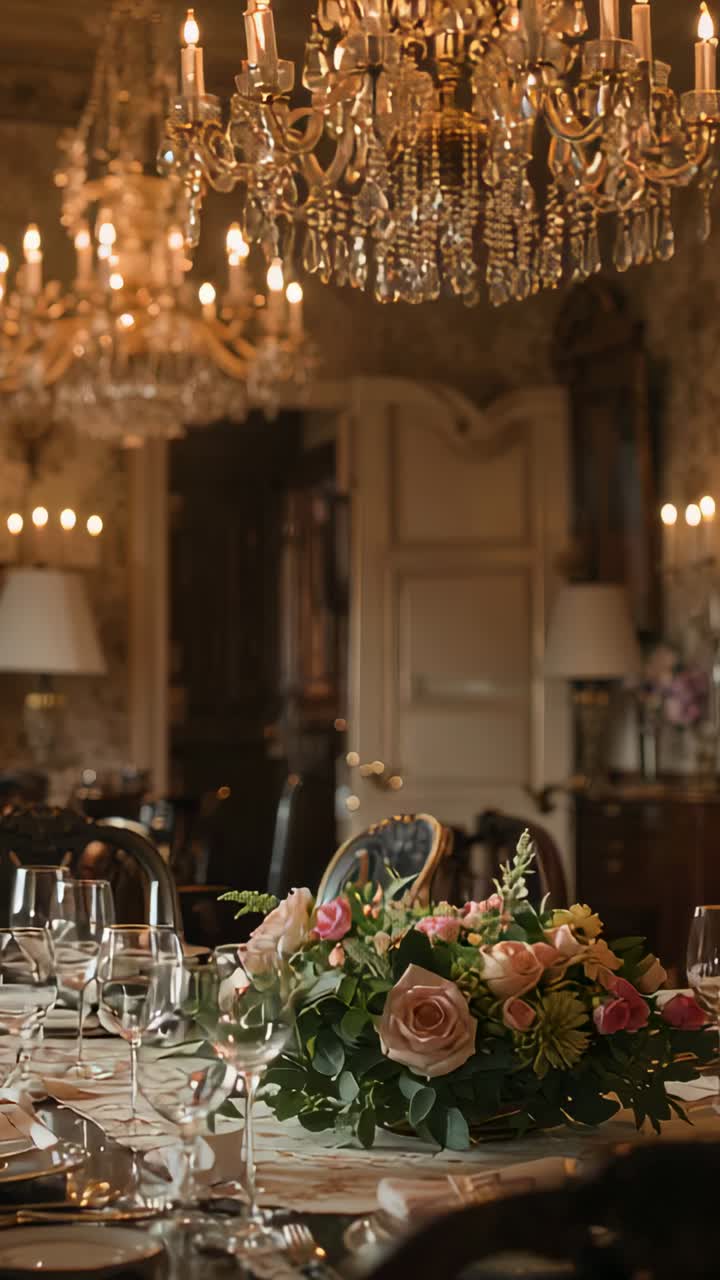 Vertical video: Panning camera drawing roses into focus in dining room, to showcase chandelier