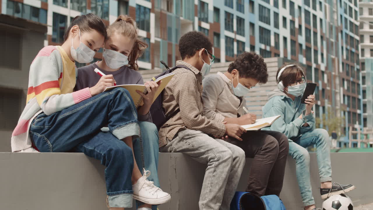 School Kids in Face Masks Outdoors