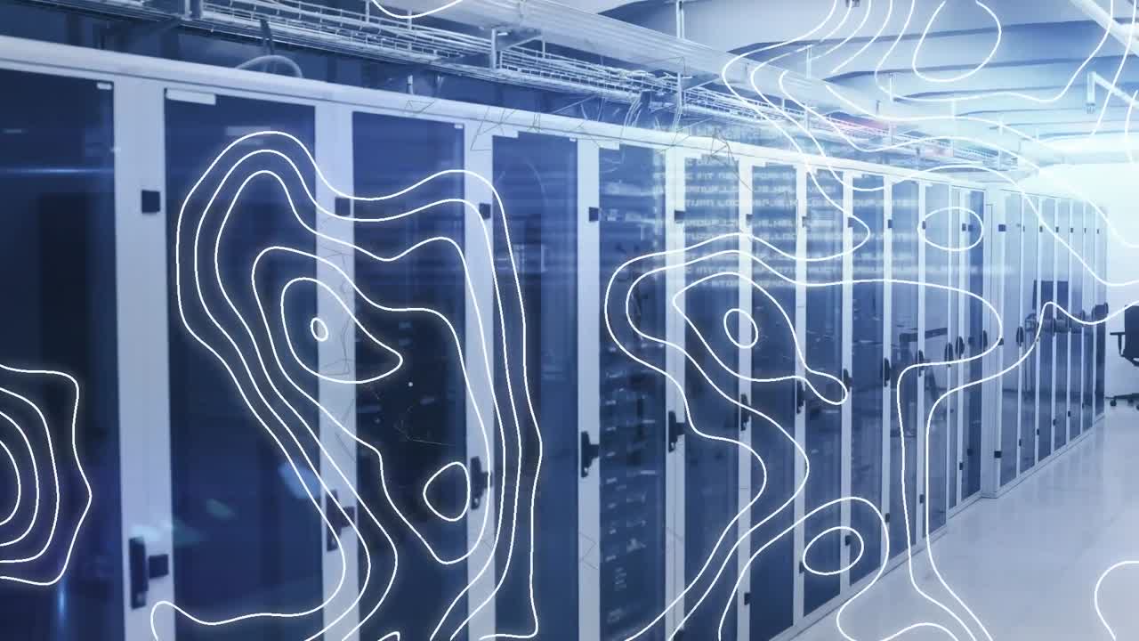 Animation of white map lines and data processing over computer servers