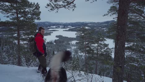 backpacker with alaskan malamute on snow forest mountains