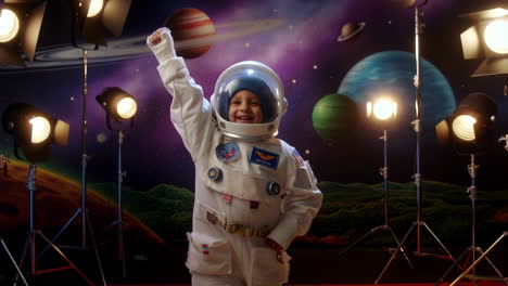 child dressed as an astronaut in space