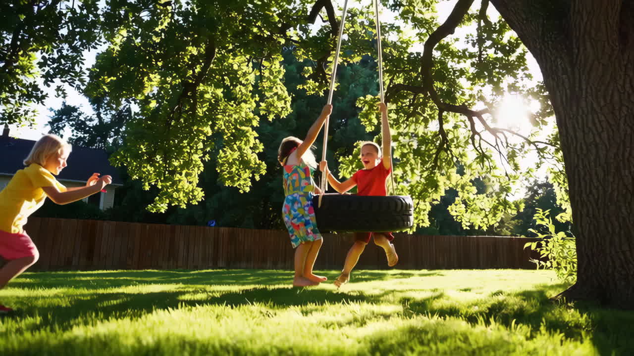 Children Playing on a Tire Swing in the Backyard