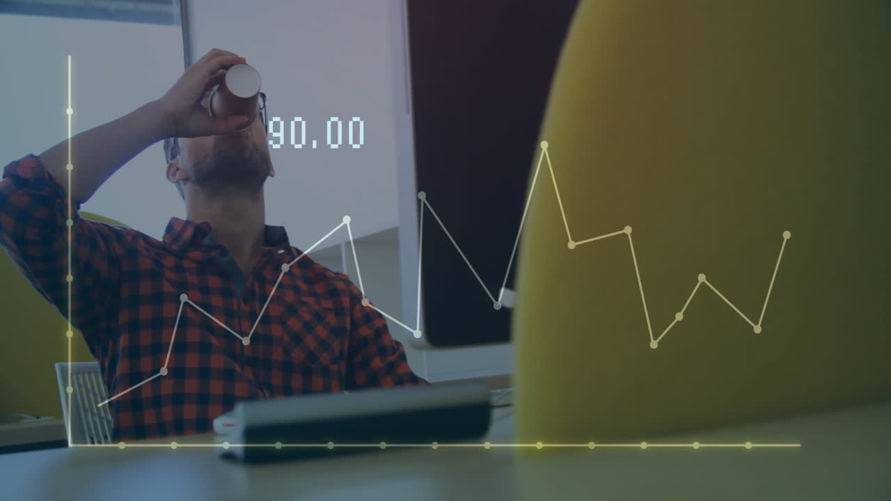 Man drinking coffee with financial graph animation over office scene
