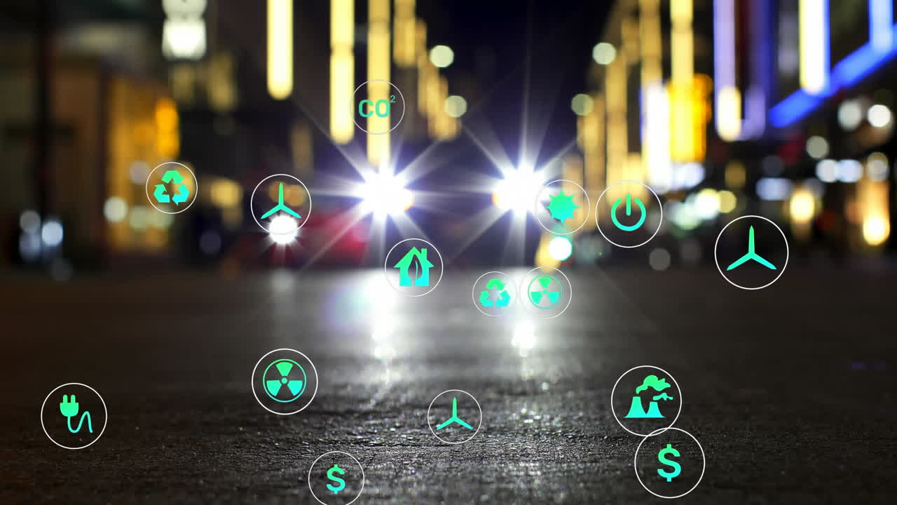 도시의 도로에서 움직이는 흐릿한 차량 위의 원에 있는 아이콘의 애니메이션