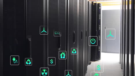 animación de iconos ecológicos y procesamiento de datos a través de servidores informáticos.