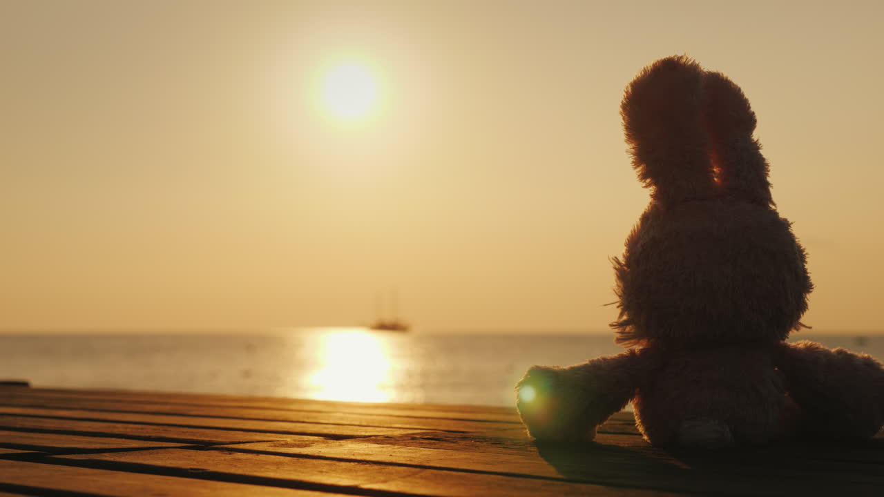la liebre de peluche se encuentra con el amanecer en el concepto de los sueños de los niños del mar