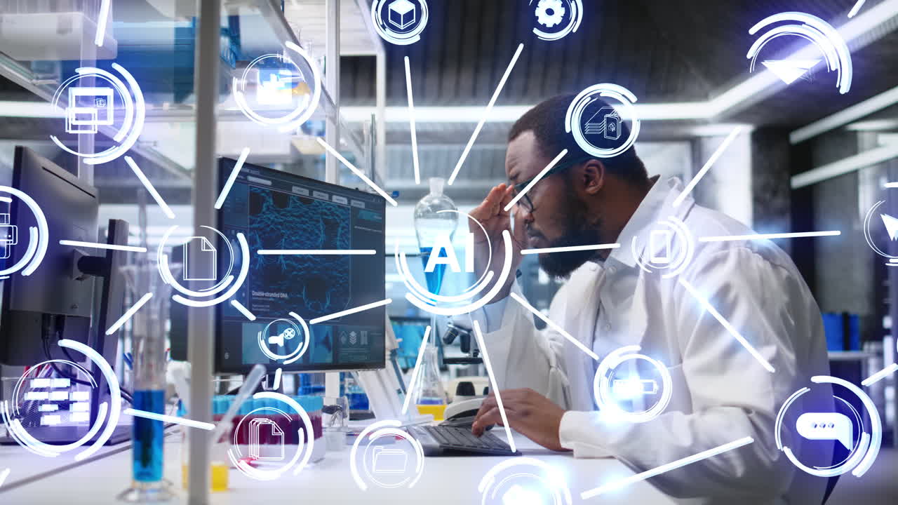 Man performing clinical study in lab, monitoring DNA molecules, AI AR overlay
