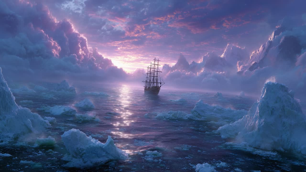 A Majestic Ship Navigates Through Icy Waters Under a Dramatic Sky, Capturing the Beauty of Nature's Splendor at Dusk, Surrounded by Rugged Icebergs and Colorful Clouds