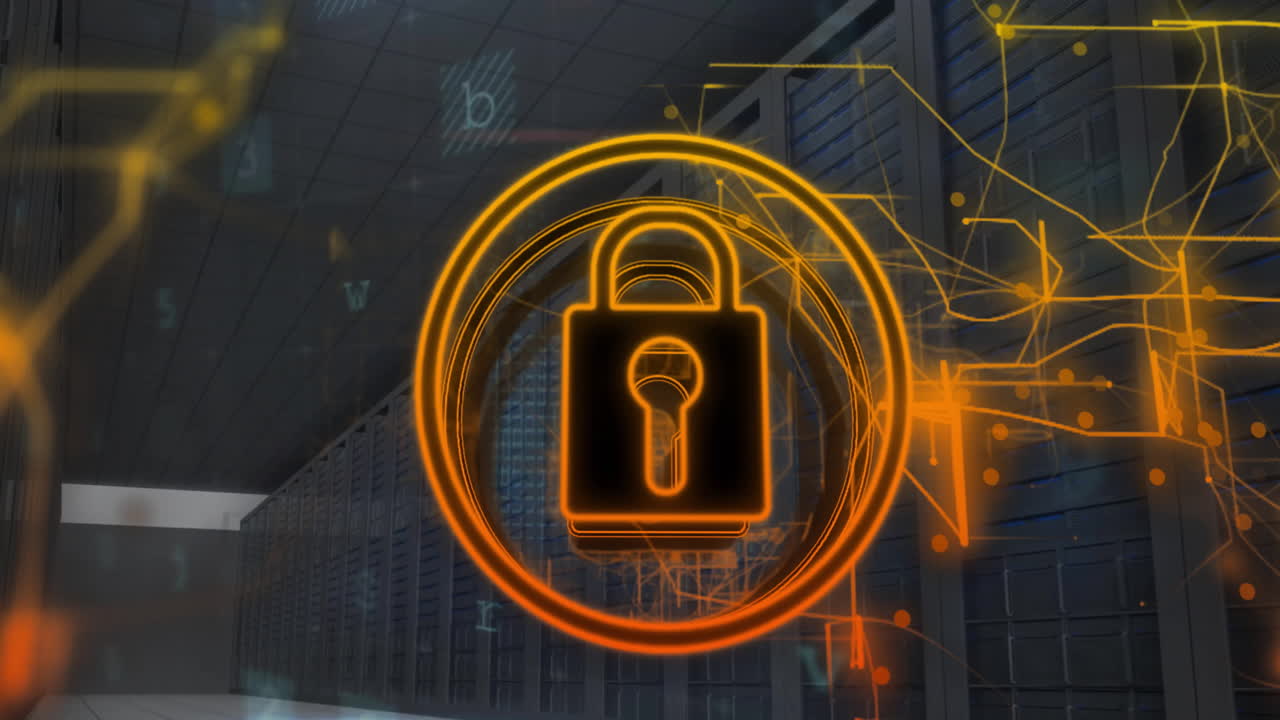 animación del icono del candado y procesamiento de datos digitales a través de servidores informáticos