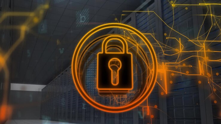 Animation of padlock icon and digital data processing over computer servers