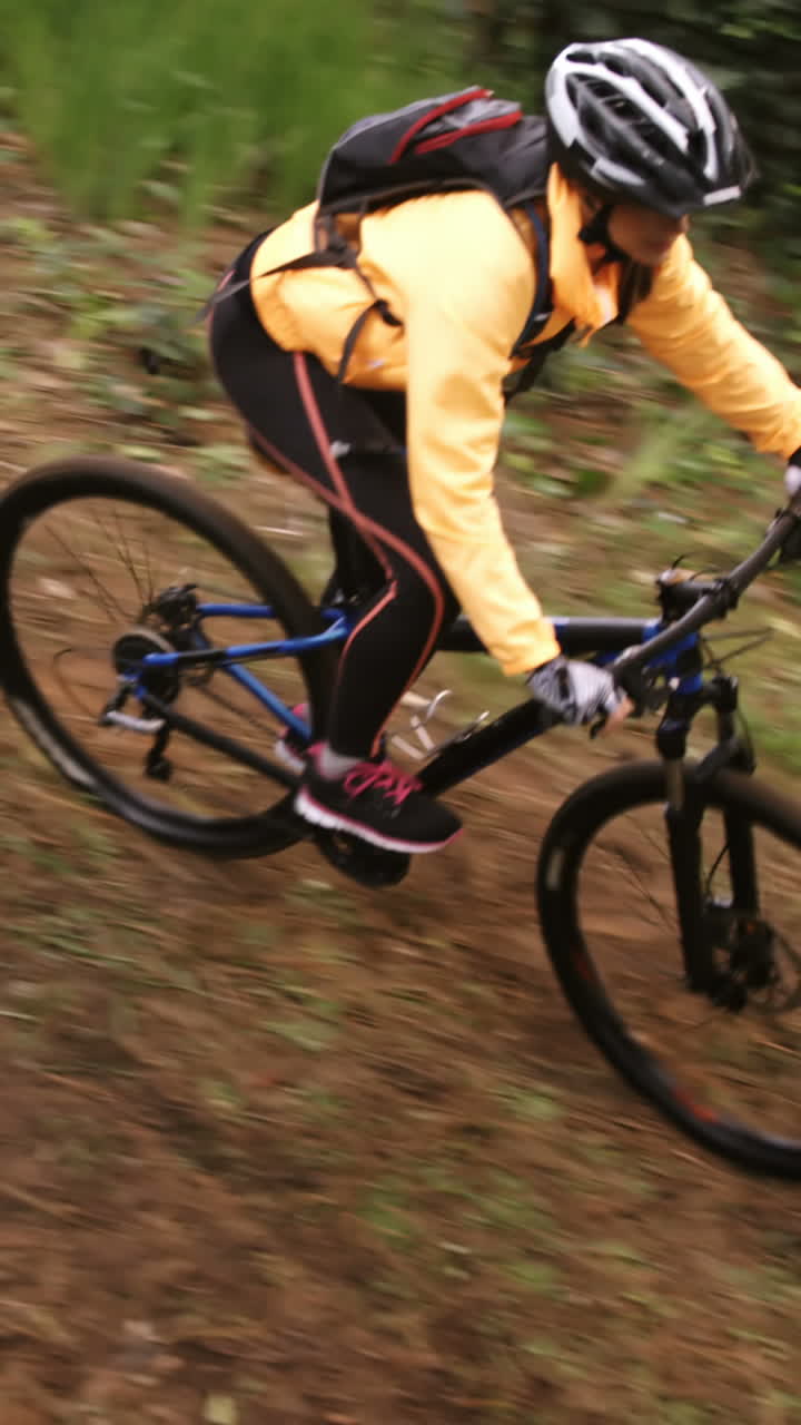 bicicleta de montaña femenina cabalgando en el bosque
