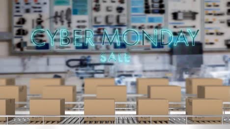 animation of cyber monday sale text over cardboard boxes on conveyor belts