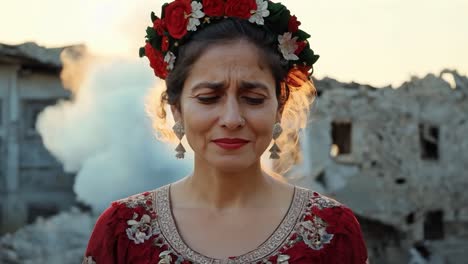 woman wearing a red embroidered dress and a floral crown is frowning with a destroyed building in the background