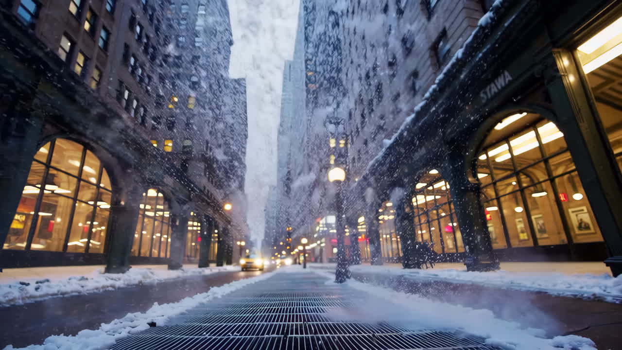 밤에 눈이 내리는 뉴욕 거리 장면