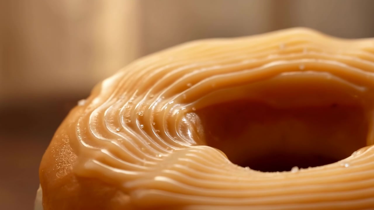 Primo piano estremo di un dolce a forma di anello con glassa al caramello che si deposita su creste concentriche lisce di glassa, toni caldi ambrati, riflessi lucidi, luce soffusa da studio e una ricca consistenza da dessert.