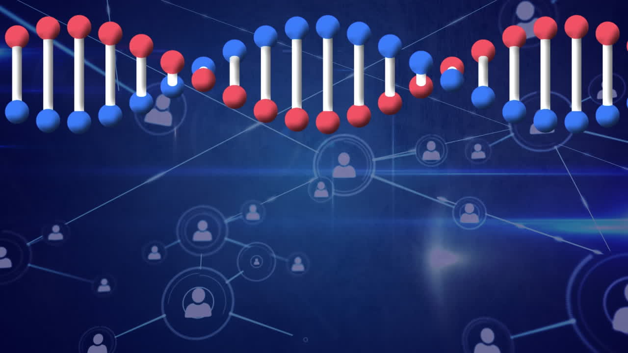 파란색 배경에 있는 dna 가닥과 연결 네트워크의 애니메이션