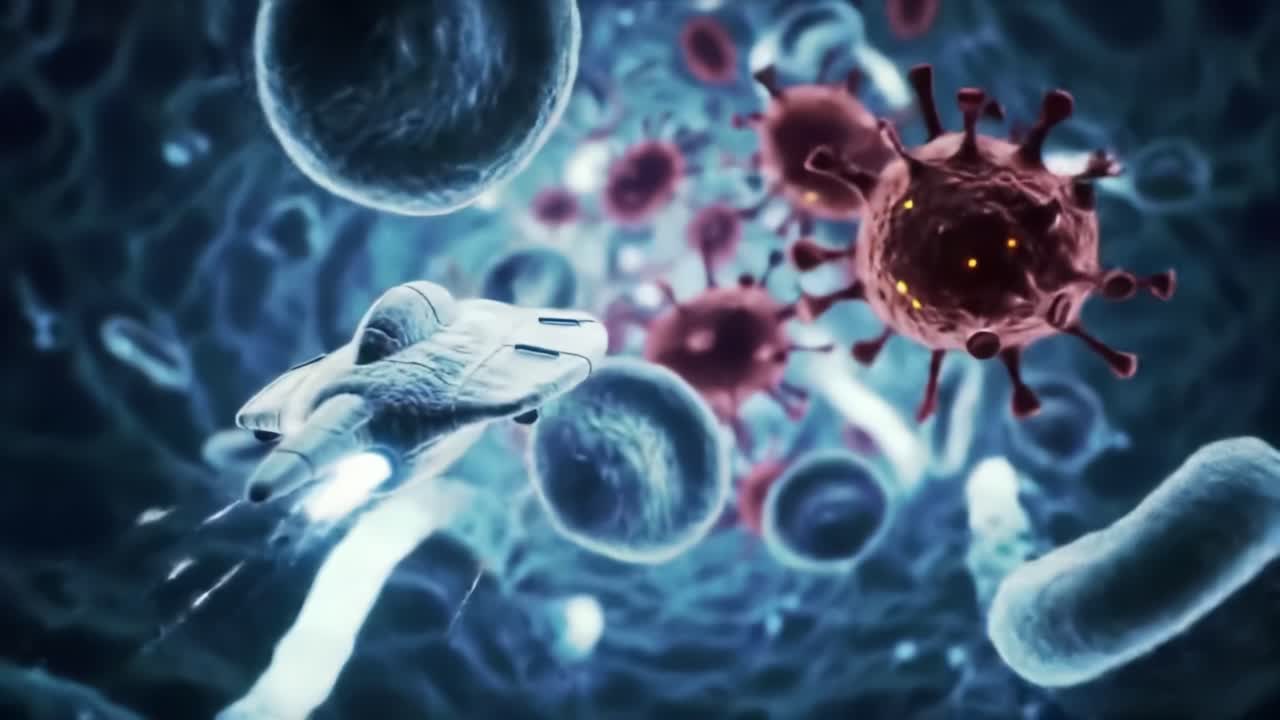 Exploring the Microscopic World: A Futuristic Vessel Navigates Through a Complex Terrain of Viruses and Bacteria in a Stunning Visualization