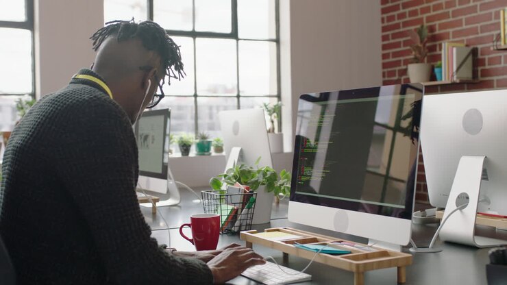 portrait african american man programmer coding network security software for startup company professional web developer typing code on computer screen listening to music in successful office