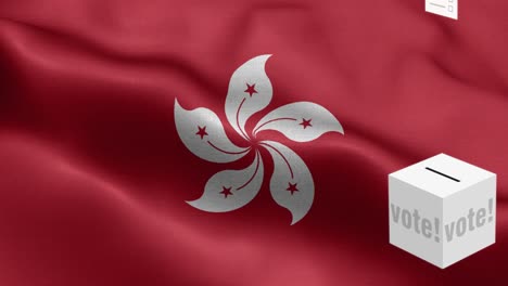 ballots fly to box for hong kong selection - ballot box in front of flag - election - vote - flag of hong kong - hong kong flag high detail - national flag hong kong wave pattern loopable elements - fabric texture and endless loop