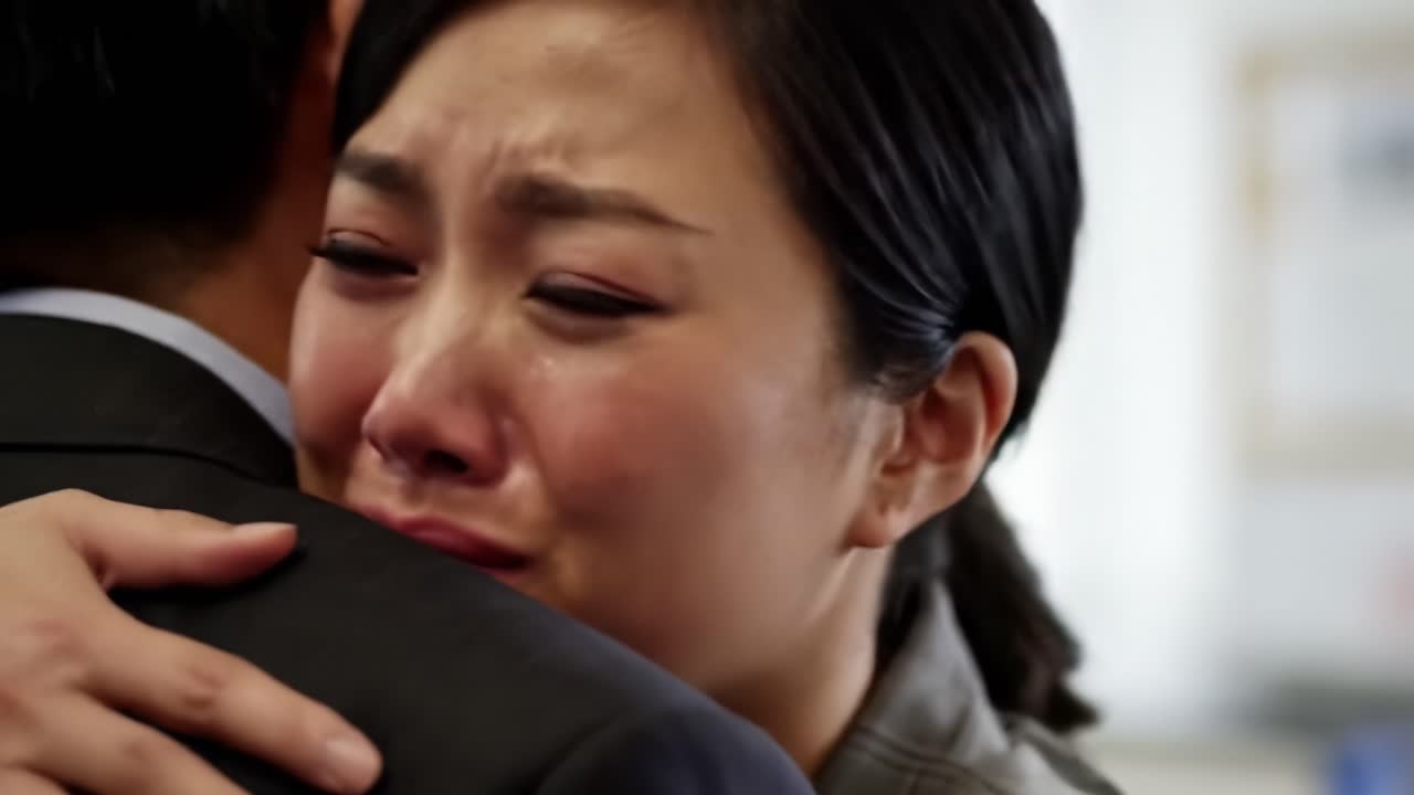 Tears flow as one individual embraces another tightly in an emotional moment filled with longing. Their surroundings are bustling, reflecting the intensity of their connection amidst the crowd.