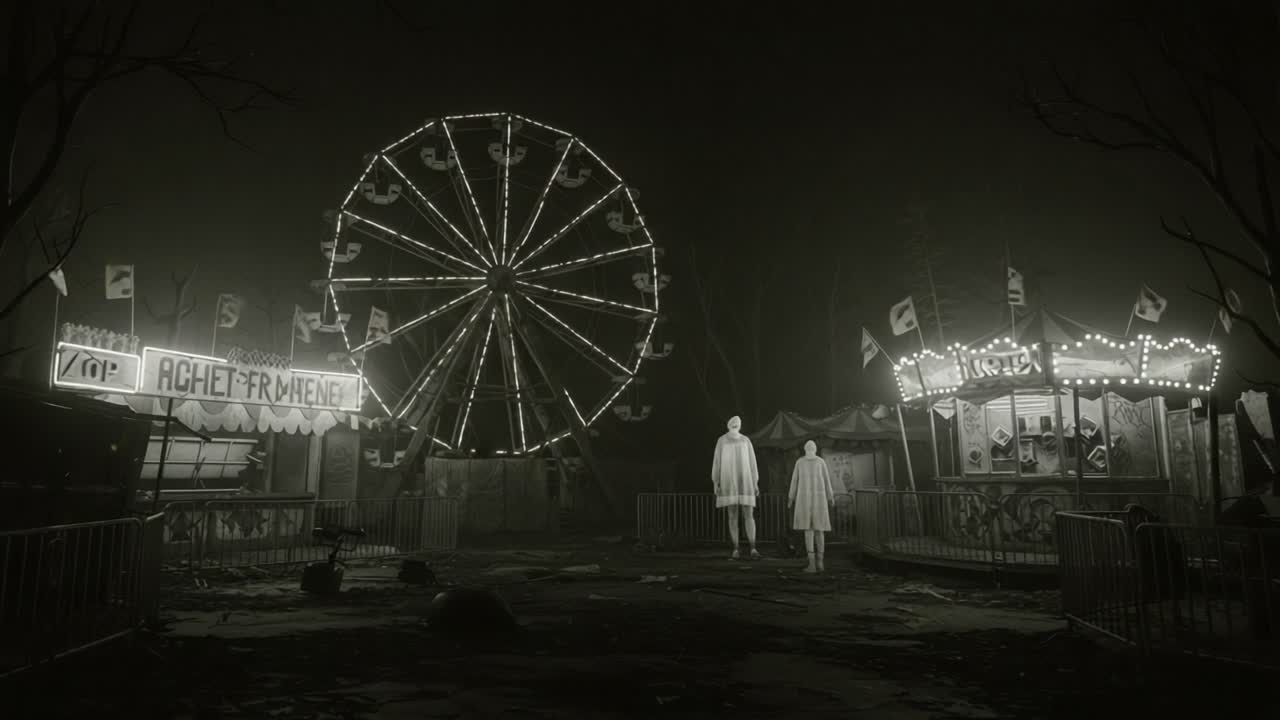 A Hauntingly Beautiful Abandoned Carnival Scene: Eerie Ferris Wheel and Ghostly Figures Walking Through a Forgotten Amusement Park in Shadows